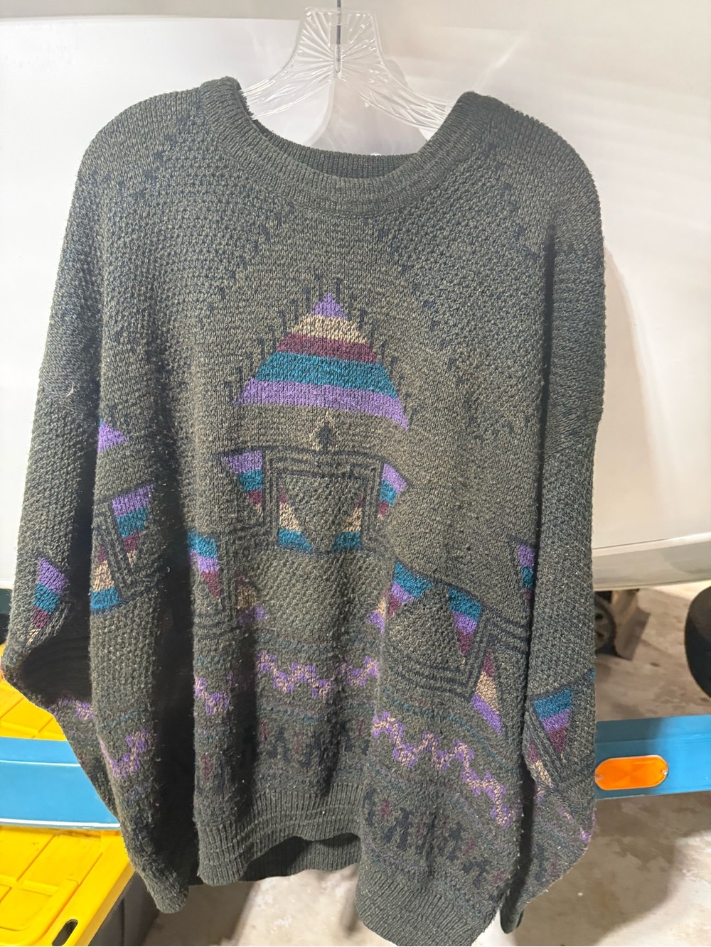 Vintage-Dark Green Knit Sweater with Purple & Teal Geometric Pattern -2X men